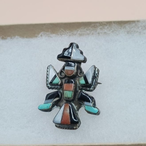 Vintage Native American Inlay Dancer Pin, signed 
